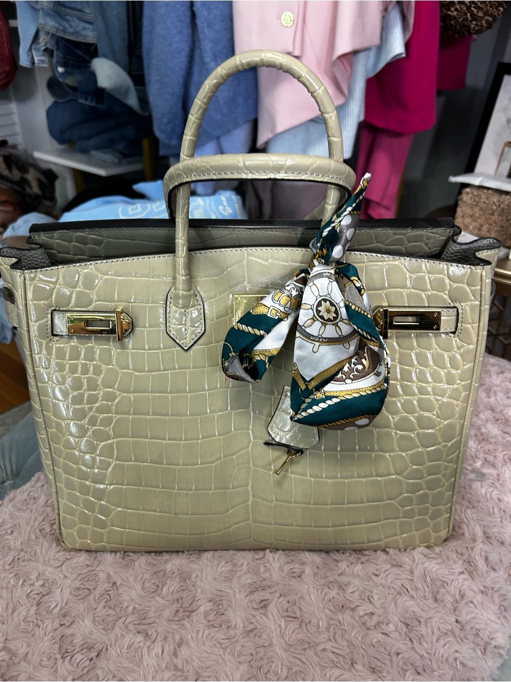 Cream Croc-Embossed Structured Top-Handle Bag with Scarf Accent